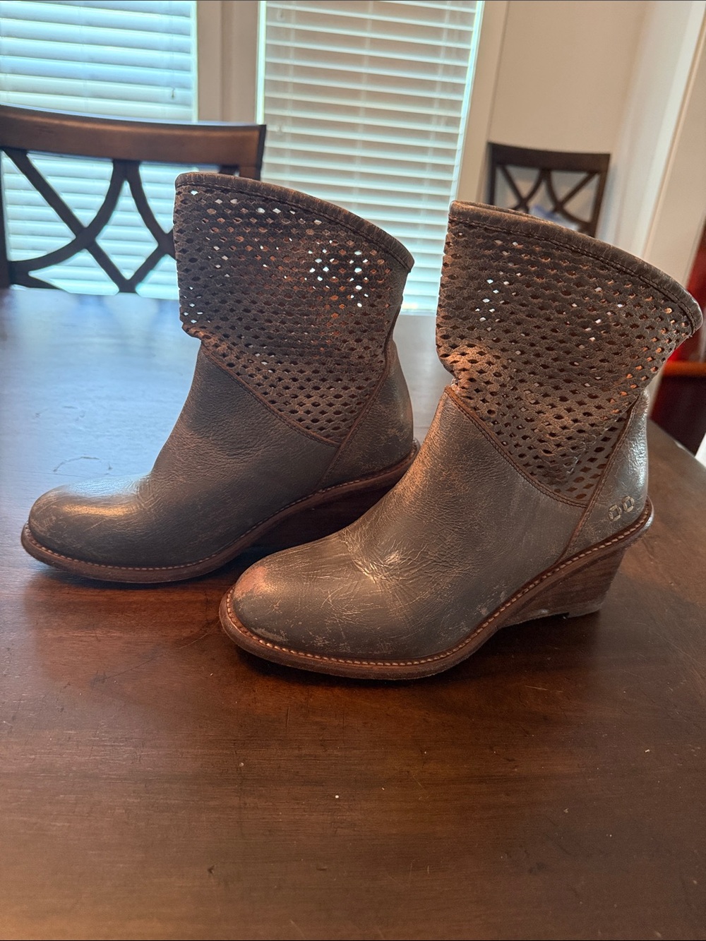 Bed Stu Brown Perforated Leather Wedge Booties